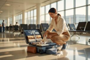 Neatly packed carry-on suitcase open on a bed with two weeks of travel essentials organized inside