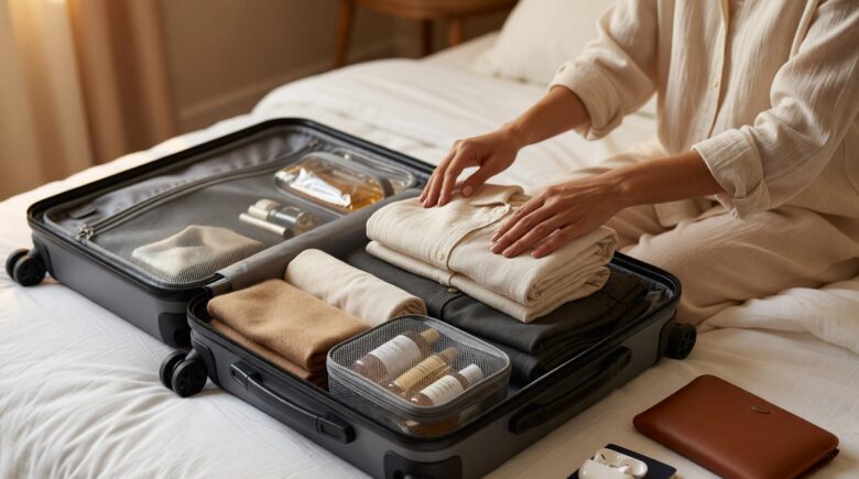 Neatly packed carry-on suitcase open on a bed with folded clothes and travel accessories