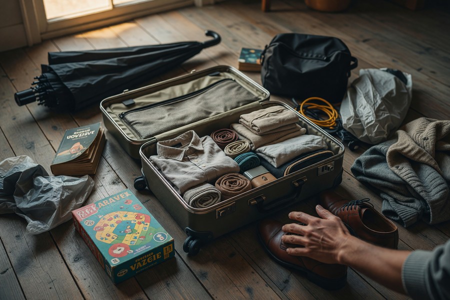 Flat lay of a two-week capsule wardrobe in neutral colors on a bed