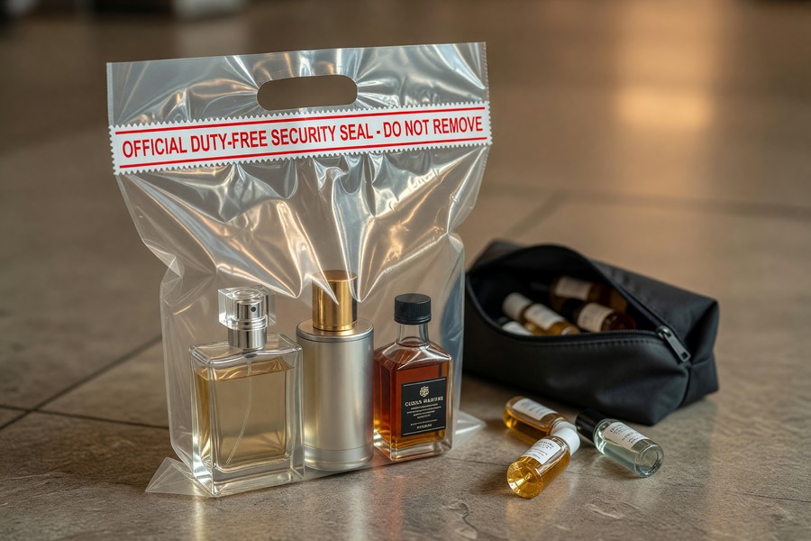 Small travel toiletry bottles arranged in a clear TSA quart bag