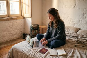 Digital nomad working on a laptop inside a cozy affordable coliving space abroad