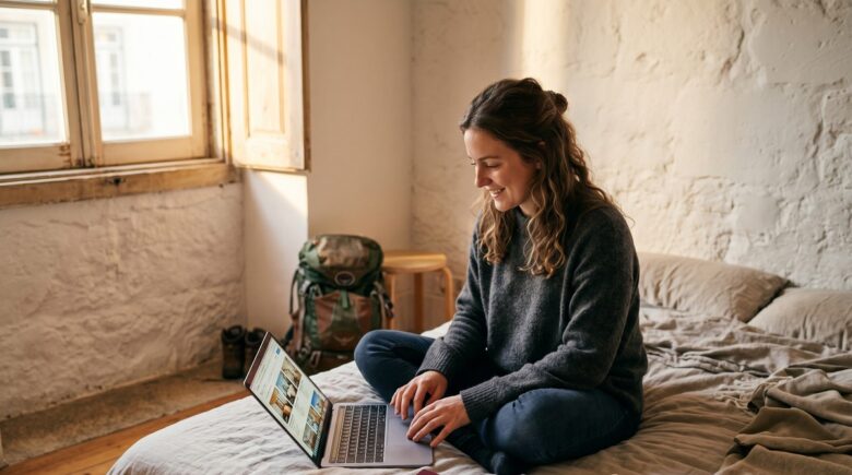 Digital nomad working on a laptop inside a cozy affordable coliving space abroad