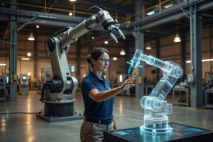 Digital twin virtual model of a modern manufacturing factory floor with IoT sensors and real-time data visualization