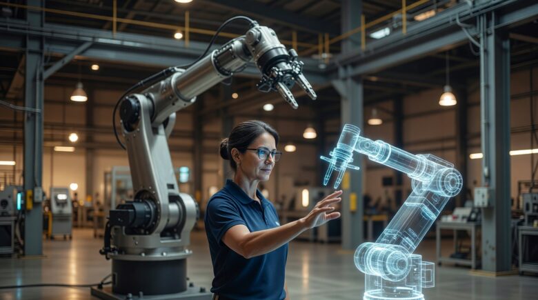 Digital twin virtual model of a modern manufacturing factory floor with IoT sensors and real-time data visualization