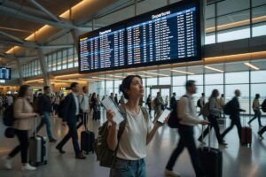 First-time international traveler looking confused at a busy airport terminal