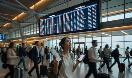 First-time international traveler looking confused at a busy airport terminal