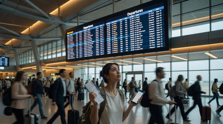 First-time international traveler looking confused at a busy airport terminal