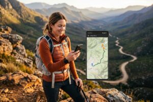 Traveler using Google Maps offline on a smartphone while exploring a city without mobile data