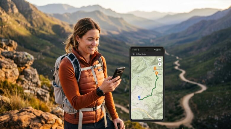 Traveler using Google Maps offline on a smartphone while exploring a city without mobile data