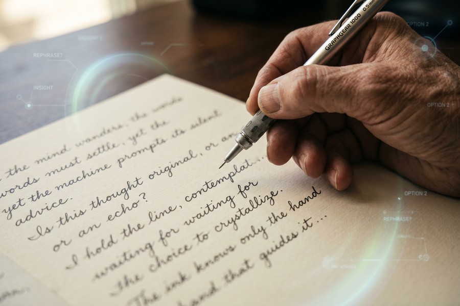 Writer choosing between Grammarly and ProWritingAid on a laptop at a desk