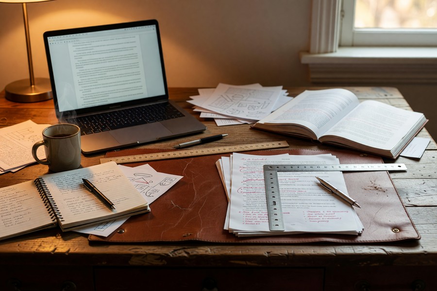 Writer at desk using ProWritingAid Style Report on a long-form document in desktop app