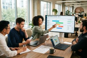 Team members using a time tracking app on laptops and mobile devices in a modern office
