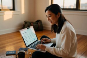 Person searching for cheap last-minute flights on a laptop at an airport