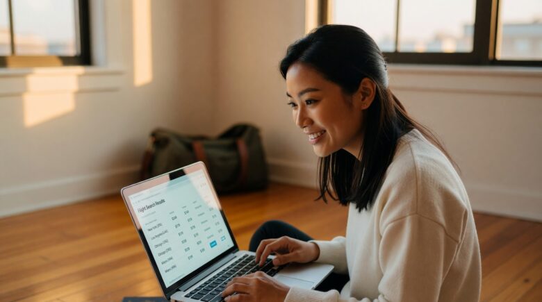 Person searching for cheap last-minute flights on a laptop at an airport