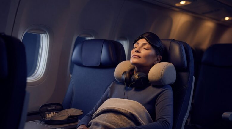 Traveler sleeping comfortably in an economy seat on a long-haul flight with a neck pillow and eye mask