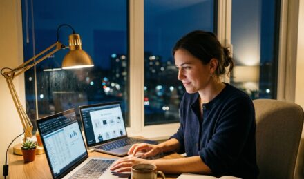 person working on a side business at home after full time job