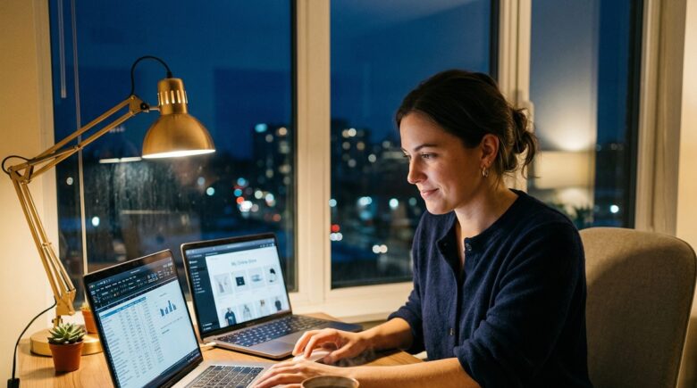 person working on a side business at home after full time job