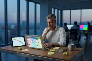 Business owner comparing project management apps on a laptop to avoid common selection mistakes