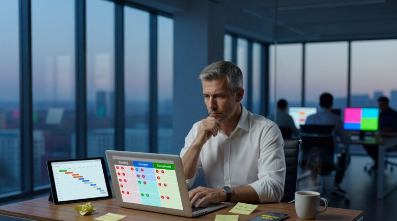 Business owner comparing project management apps on a laptop to avoid common selection mistakes