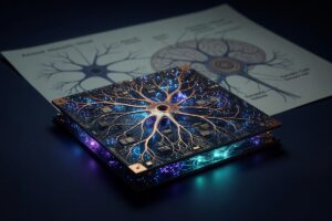 Close-up illustration of a neuromorphic chip modeled after the human brain's neural network structure