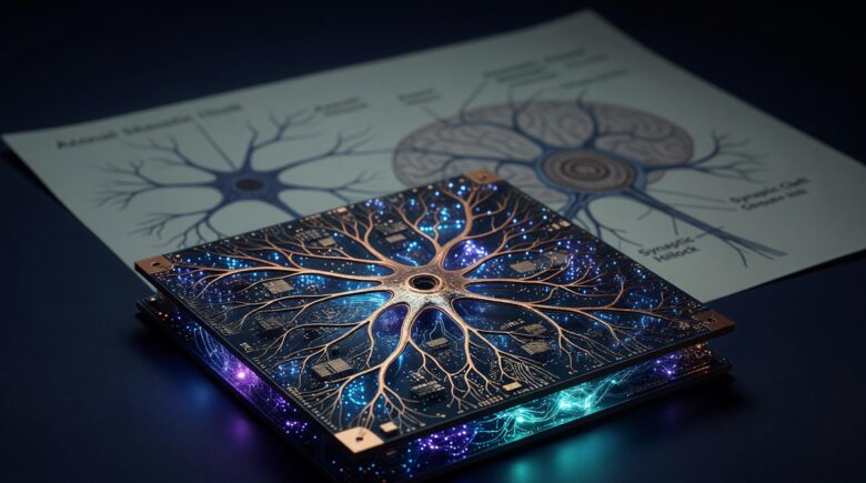 Close-up illustration of a neuromorphic chip modeled after the human brain's neural network structure