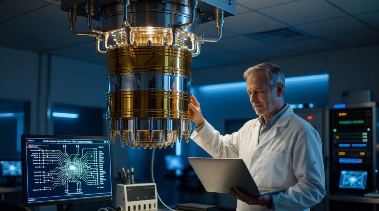 Quantum computing vs classical computing concept showing qubits and traditional processors side by side