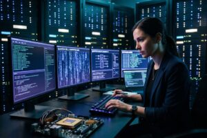 Quantum cryptography network securing business data with glowing encrypted connections