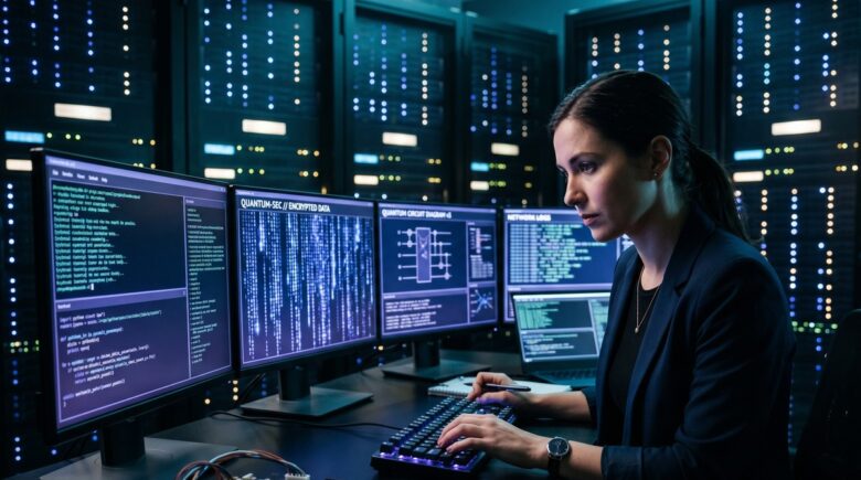 Quantum cryptography network securing business data with glowing encrypted connections