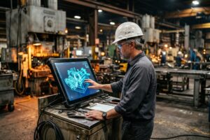 Small manufacturer using digital twin technology on a computer screen in a factory setting