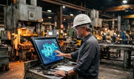 Small manufacturer using digital twin technology on a computer screen in a factory setting