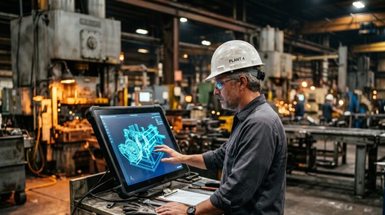 Small manufacturer using digital twin technology on a computer screen in a factory setting