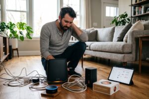 Person setting up a smart home network router with connected devices in a modern living room