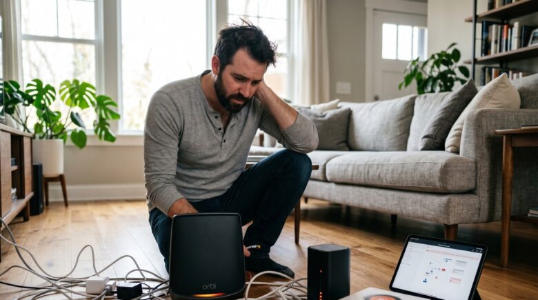 Person setting up a smart home network router with connected devices in a modern living room