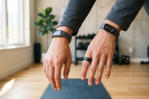 Smart ring and fitness band placed side by side on a wooden surface for comparison