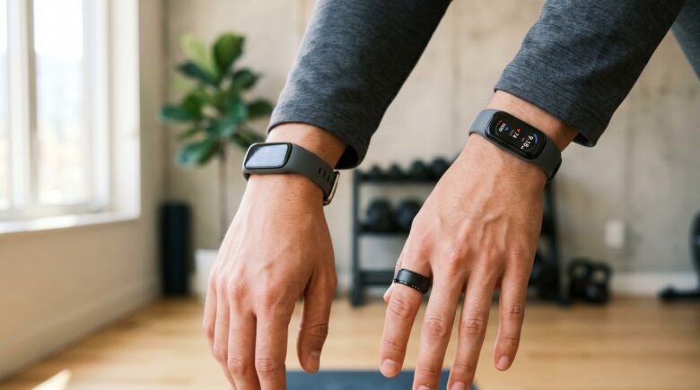 Smart ring and fitness band placed side by side on a wooden surface for comparison