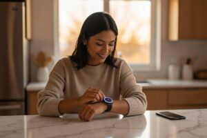 A beginner setting up a smartwatch on their wrist for the first time