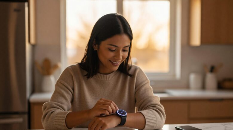 A beginner setting up a smartwatch on their wrist for the first time