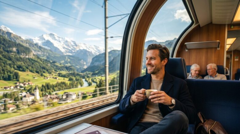 Traveler comparing train and plane options on a map of Europe at a train station