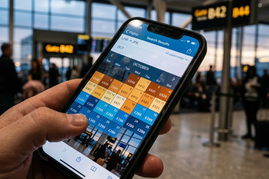 Side-by-side comparison of a train departing from a European city-center station versus an airport departure queue