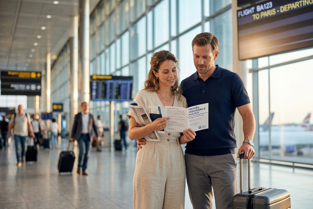 Traveler reviewing what is travel insurance on a laptop before an international trip