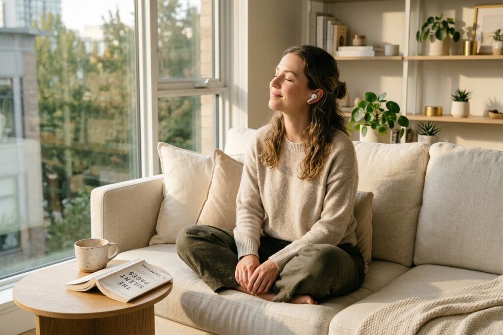 Wireless earbuds with long battery life displayed next to a charging case