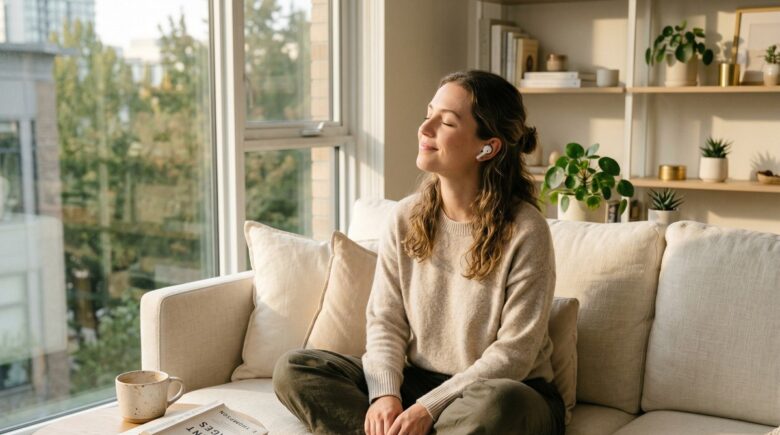 Wireless earbuds with long battery life displayed next to a charging case