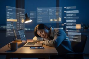 Solopreneur reviewing AI agent dashboard automating business tasks overnight