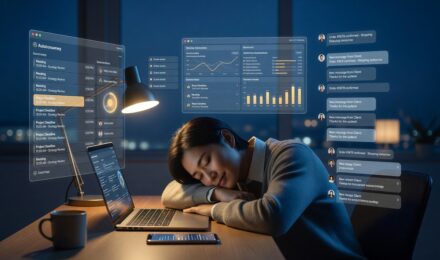 Solopreneur reviewing AI agent dashboard automating business tasks overnight