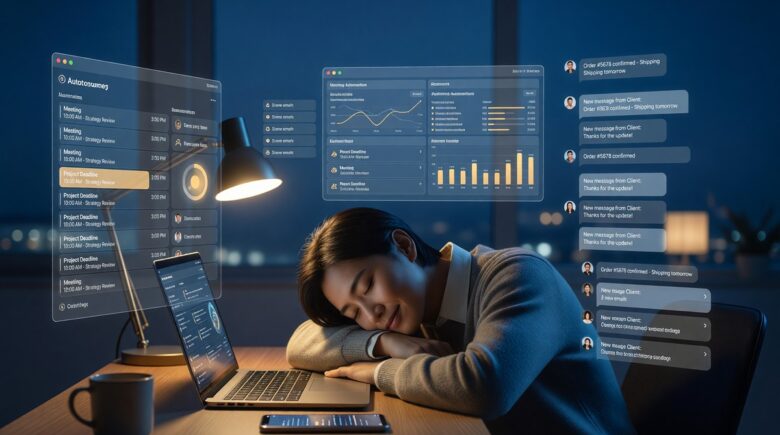 Solopreneur reviewing AI agent dashboard automating business tasks overnight