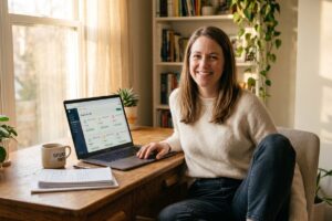 Teacher using AI automation tools on a laptop to grade student assignments and save time