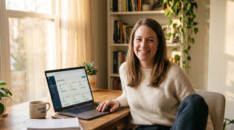 Teacher using AI automation tools on a laptop to grade student assignments and save time