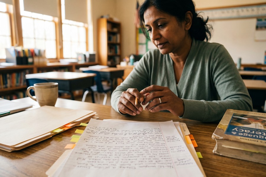 Teacher reviewing AI-generated grading feedback on a laptop in a classroom