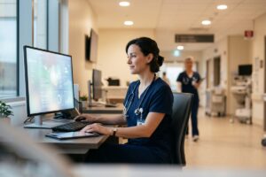 Nurse using AI automation tool on tablet to streamline healthcare documentation at a hospital workstation