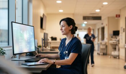 Nurse using AI automation tool on tablet to streamline healthcare documentation at a hospital workstation